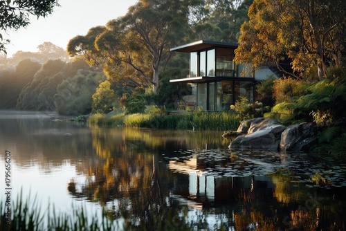 Modern House by Serene Lake Surrounded by Lush Trees at Sunrise Showcasing Tr...