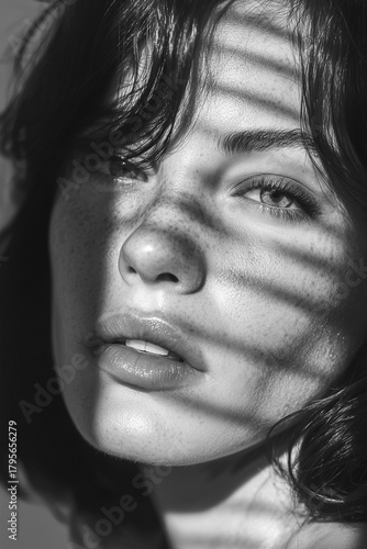 Engaging Black and White Portrait of Woman with Freckles and Striped Shadows