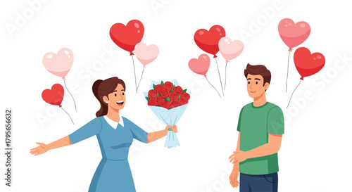 Joyful woman receives a beautiful bouquet of red roses from a man surrounded by heart shaped balloons