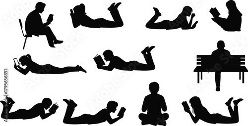 silhouette, reading, book, reader, study, relax, lying, sitting, bench, chair, leisure, education, learning, posture, woman, man, student, hobby