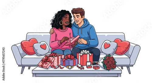 A diverse couple celebrates love and romance with gifts and flowers on valentine s day or anniversary