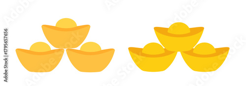 Stacked Chinese gold ingots clipart set.
Gold Ingot yuanbao flat vector illustration.
Chinese lunar new element.
White background.
