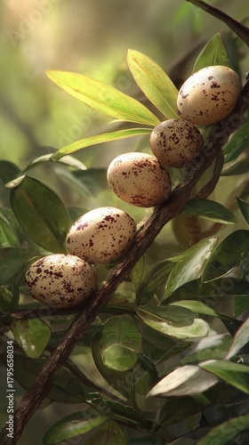 Nest With Speckled Eggs Resting Gently on Branches in Warm Sunlight