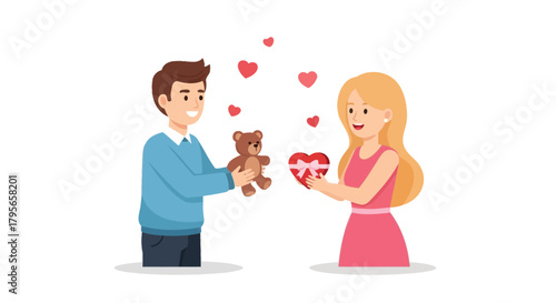 A loving couple exchanges gifts a teddy bear and a heart shaped box surrounded by floating hearts representing affection
