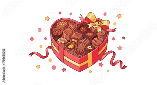 A heart shaped box filled with assorted chocolates and tied with a festive ribbon and bow