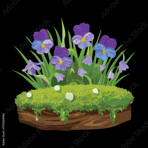 Vibrant Purple Iris Plant Flowers Blooming in a Lush Garden Setting with Moss and Dark Backdrop