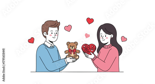 A loving couple exchanges gifts of a teddy bear and heart shaped chocolates on valentine s day surrounded by floating hearts