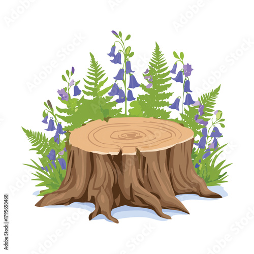 Plant Tree Stump with Moss, Ferns, and Lavender-Colored Flowers Vector Illustration for Peaceful Nature Graphics