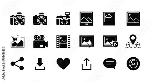 Collection of black photography icons depicting cameras lenses and related tools