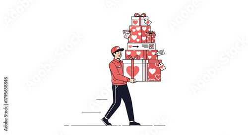 Delivery person carries a tall stack of heart decorated gift boxes for a special occasion