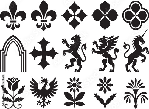 Collection of black heraldic and floral vector symbols on white background fleur de lis gothic arch