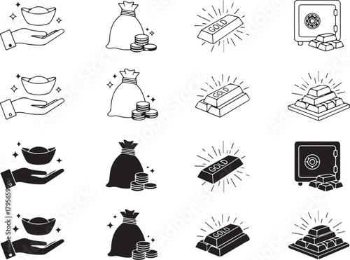 Minimal line-style gold ingot icons representing wealth, luxury, banking, savings, mining, and investment concepts. Clean vector illustration set featuring simple gold bar outlines..eps