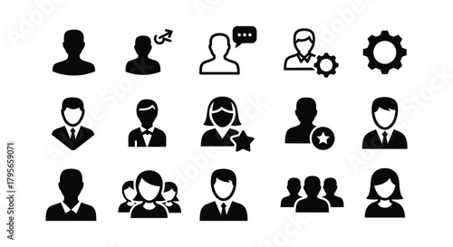 A collection of black silhouette icons representing people groups and settings