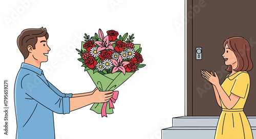 Man surprises woman with a beautiful bouquet of roses and lilies at her doorstep with a happy greeting
