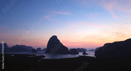 Phang Nga Bay view at sunrise, Khlong Khian, Takua Thung, Thailand, Southeast Asia.