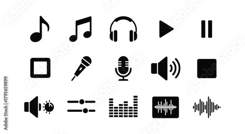 Collection of black music and audio related icons on a white background