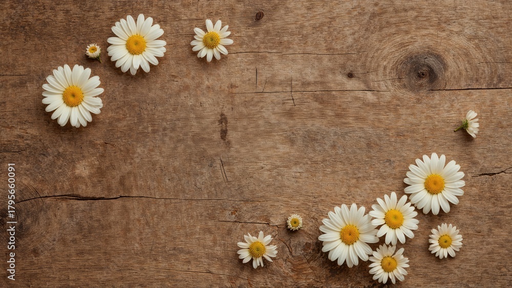 Obraz premium A collection of daisies on a wooden surface arranged in a scattered pattern.