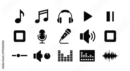 Collection of black music and audio related icons on a white background