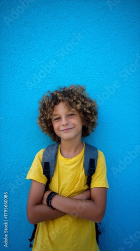 Smiling Boy With Curly Hair Standing in Front of a Blue Wall