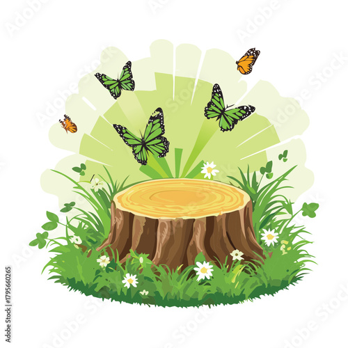 Green Plant Covered Tree Stump with Flowers and Butterflies Vector Illustration for Springtime Nature Decor Graphics