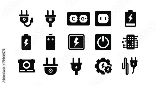 Diverse electrical symbols and icons representing power energy and connectivity