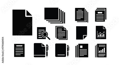 Collection of various black document and file icons illustrating data and reports