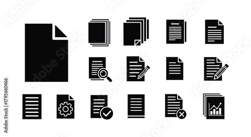 Collection of various black document and file icons illustrating data and reports