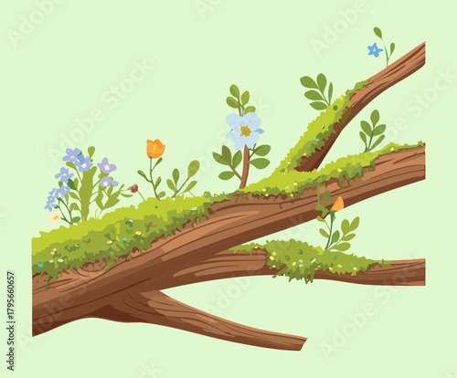 Detailed Plant Moss and Small Grass Growing on a Fallen Log Vector Illustration for Natural Forest Environment Graphics