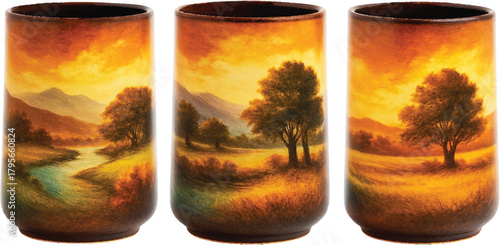 Three artistic painted vases with a continuous dramatic sunset landscape