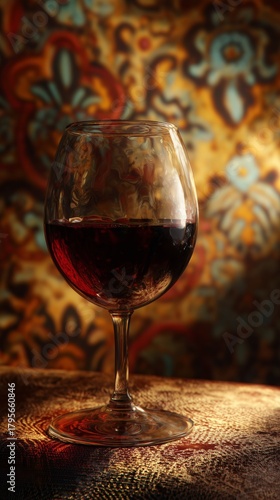 Red Wine in a Glass With Textured Background, Warm Ambient Light Creates Invi...