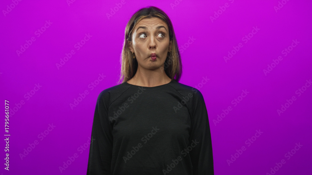 Fototapeta premium Woman purses lips and makes a fish face in a purple studio while glancing upward; playful curiosity imagination.