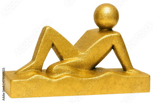 Abstract gold sculpture of a reclining figure on a base