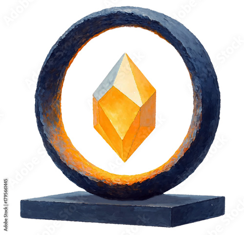 Abstract sculpture of a glowing golden geometric crystal suspended within a textured dark metal ring