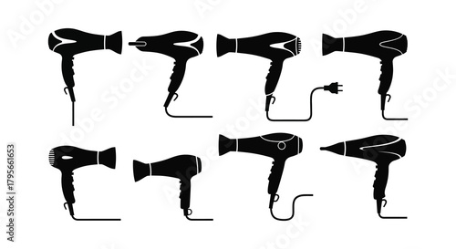 Collection of diverse hair dryer silhouettes in a black and white design