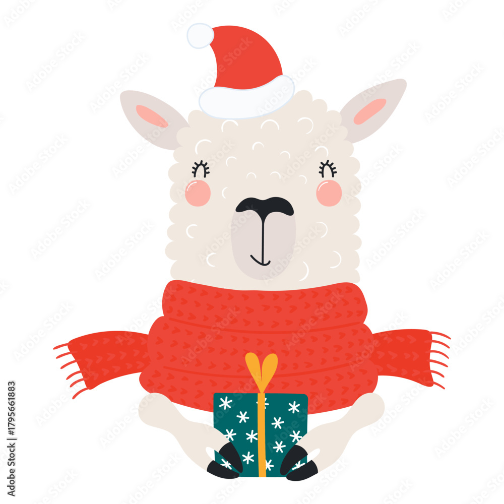 Naklejka premium Llama with a Christmas gift isolated on transparent. Hand drawn flat vector illustration. Cute cartoon character. Traditional Christmas, New Year design element, clip art