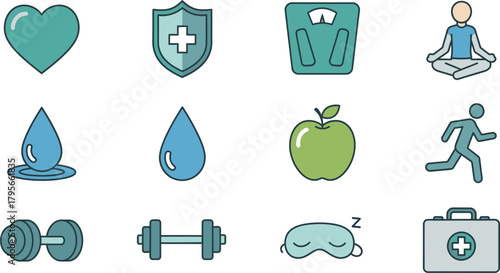 Healthy lifestyle icons collection featuring medical heart apple dumbbells running meditation and first aid kit symbols for wellness and fitness graphics isolated on white background