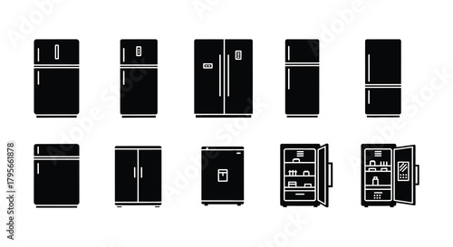 A collection of black and white refrigerator icons in various styles