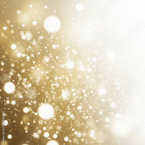Golden glittering particles and bokeh on abstract festive background.
