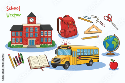 Dynamic vector illustration featuring a full assortment of school essentials, including a classic building, iconic yellow bus, and diverse learning tools