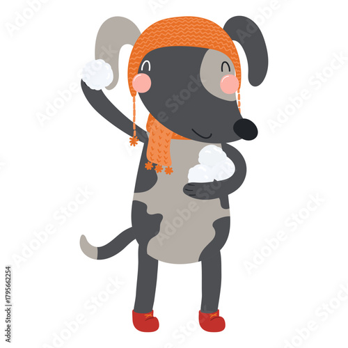 Dog in a hat, throwing snowball isolated on transparent. Hand drawn flat vector illustration. Cute cartoon character. Traditional Christmas, New Year design element, clip art