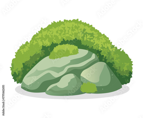 Detailed Plant Illustration of Green Moss Growing on a Large Rock or Stone for Natural Environment Graphics