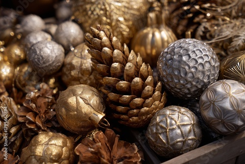 Decorative Golden and Silver Ornaments in a Warm Display for Festive Occasions