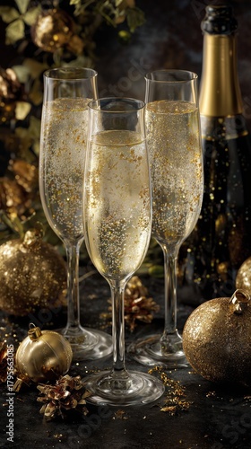 Sparkling Celebration With Champagne Flutes and Golden Decorations at a Festi...
