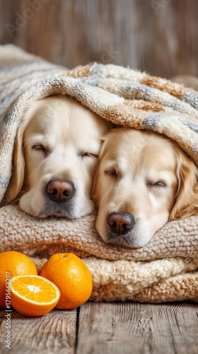 Two Sleepy Golden Retrievers Snuggled Under a Cozy Blanket With Oranges Nearby