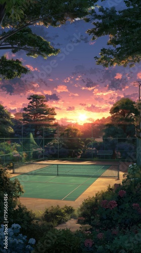 Beautiful Sunset Over a Tennis Court Surrounded by Trees and Flowers in a Ser...
