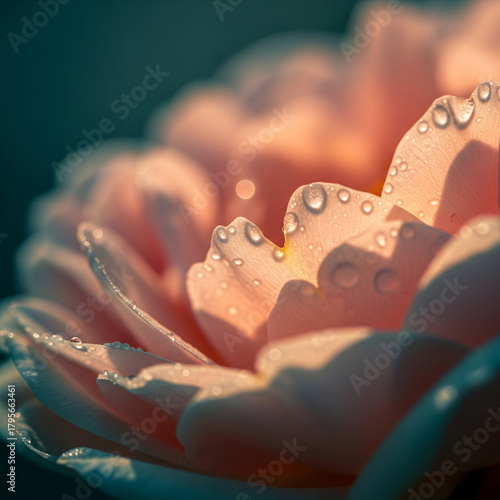 Close-up macro shot of delicate flower petals with sparkling water drops.