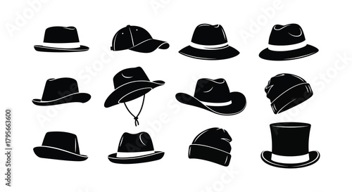 A collection of various black silhouette hats displayed in a grid arrangement