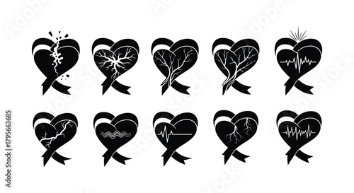 Black heart shapes with ribbons depicting various stages of emotional distress