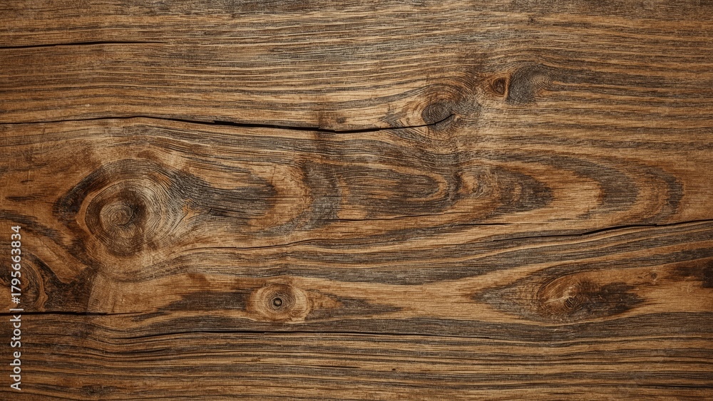 Naklejka premium Close-up of wooden surface with natural grain patterns and knots.