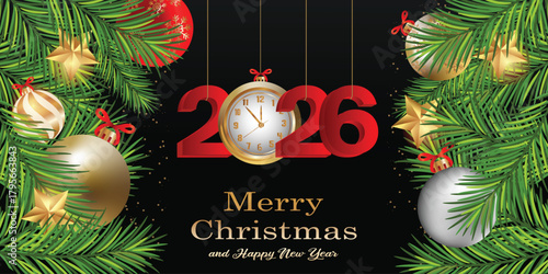 Happy New Year 2026 Celebration with Elegant Clock 